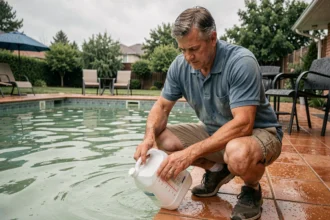Homme mesurant la quantité de javel pour traitement choc d'une piscine trouble après un orage