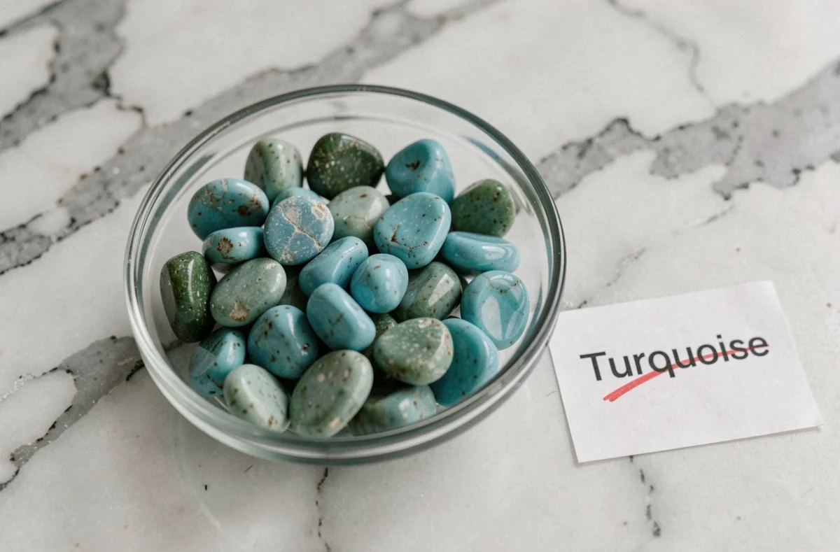 Bol de pierres turquoise sur marbre blanc avec une étiquette montrant le mot Turquoise corrigé