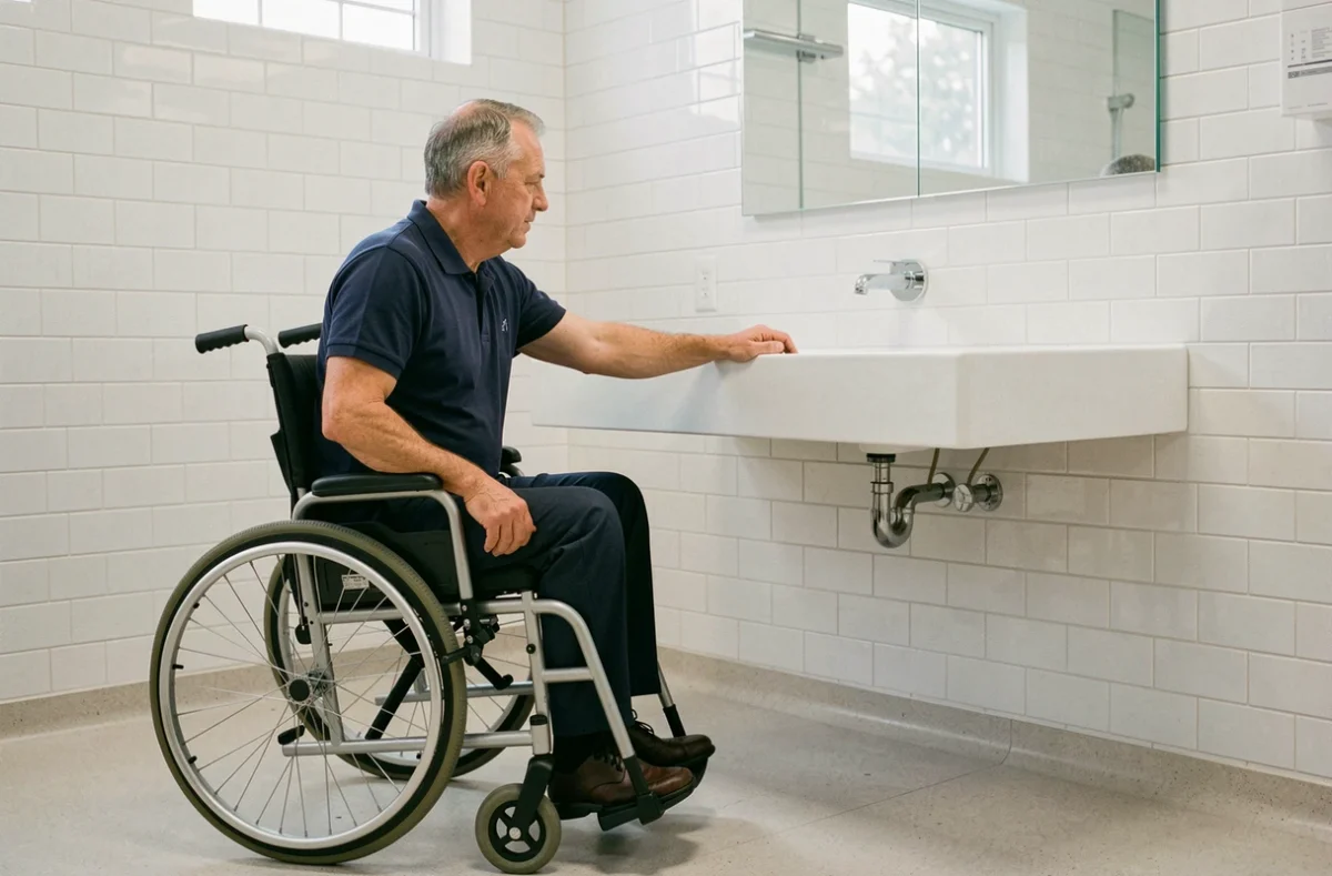 Homme en fauteuil roulant utilisant un lavabo adapté PMR à hauteur réglementaire dans une salle de bain accessible
