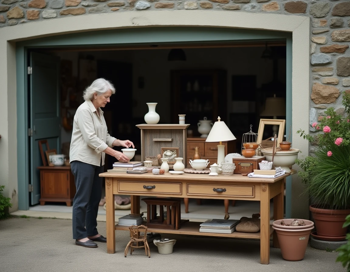 Femme organisant des objets de débarras pour une vente de brocante devant un garage en Bretagne
