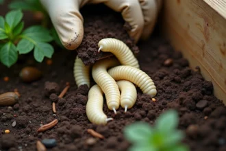 Vers blancs découverts dans la terre d'un potager lors d'un retournement du sol avec une truelle, solution naturelle de jardinage