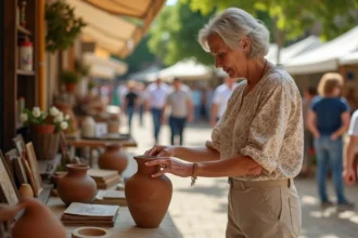 Femme examinant un vase en céramique vintage sur un stand de vide grenier en Tarn-et-Garonne