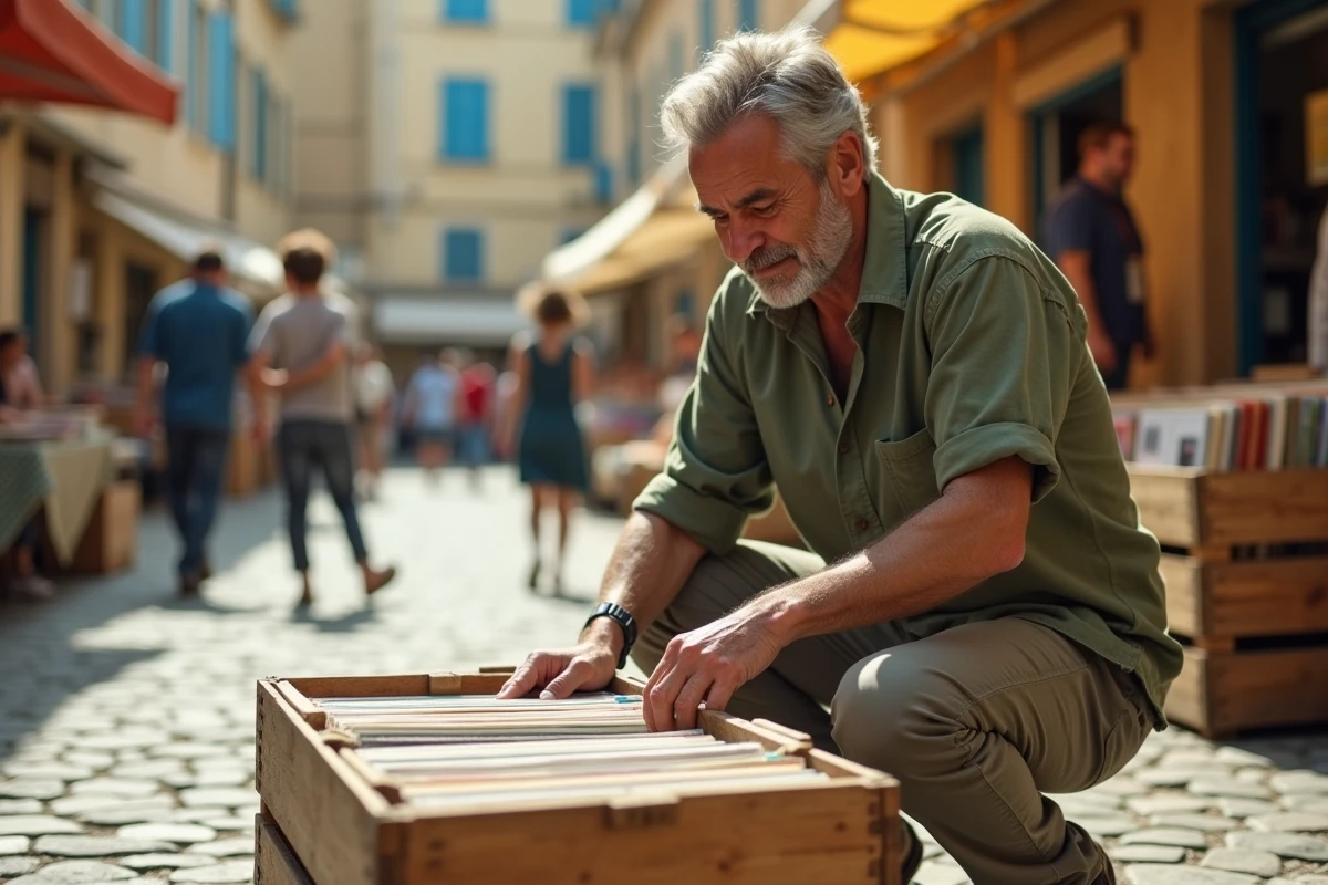 Homme fouillant des vinyles anciens dans un crate en bois lors d'un vide grenier en Tarn-et-Garonne