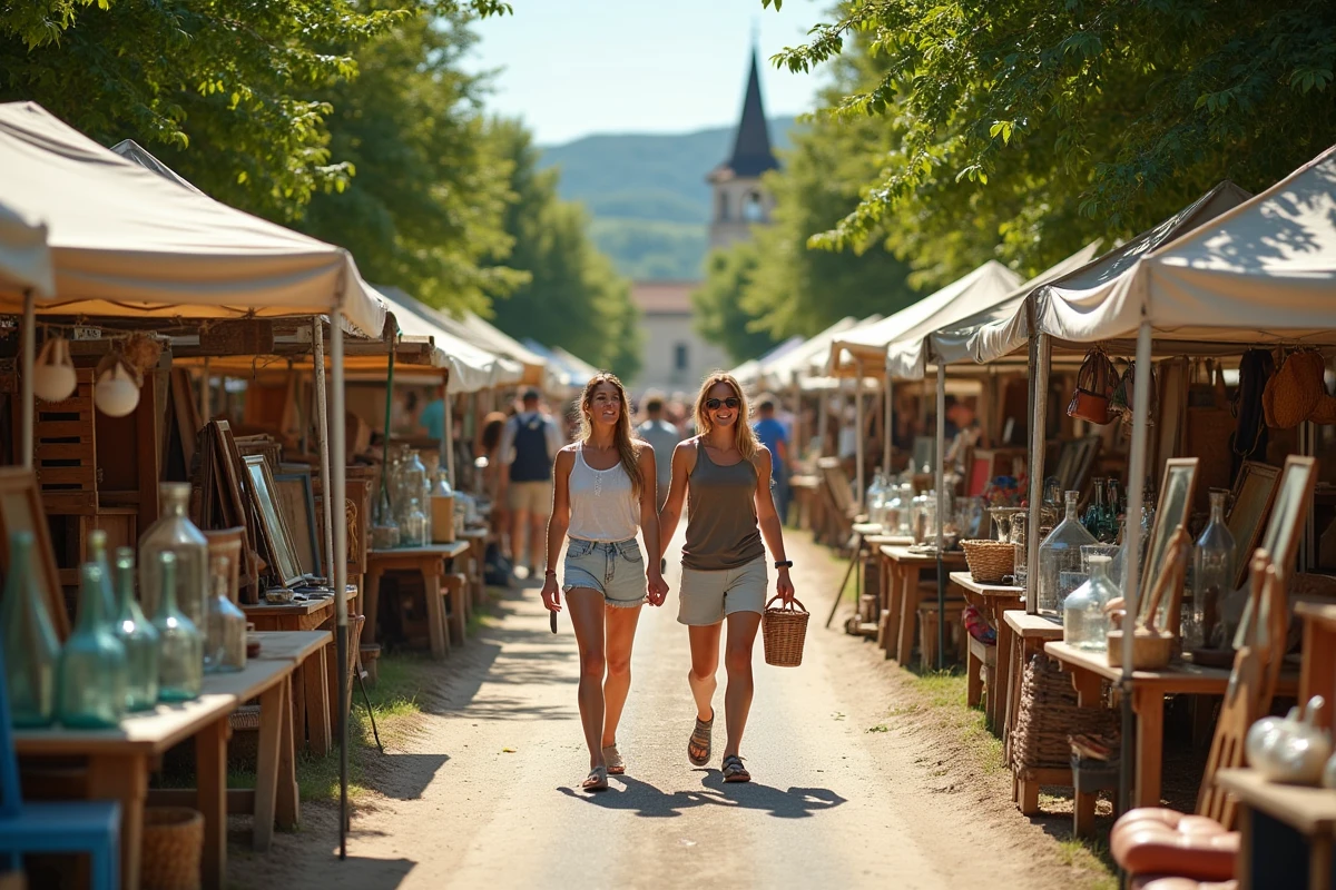 Vue panoramique d'un vide grenier en plein air dans un village rural du Tarn-et-Garonne avec de nombreux exposants