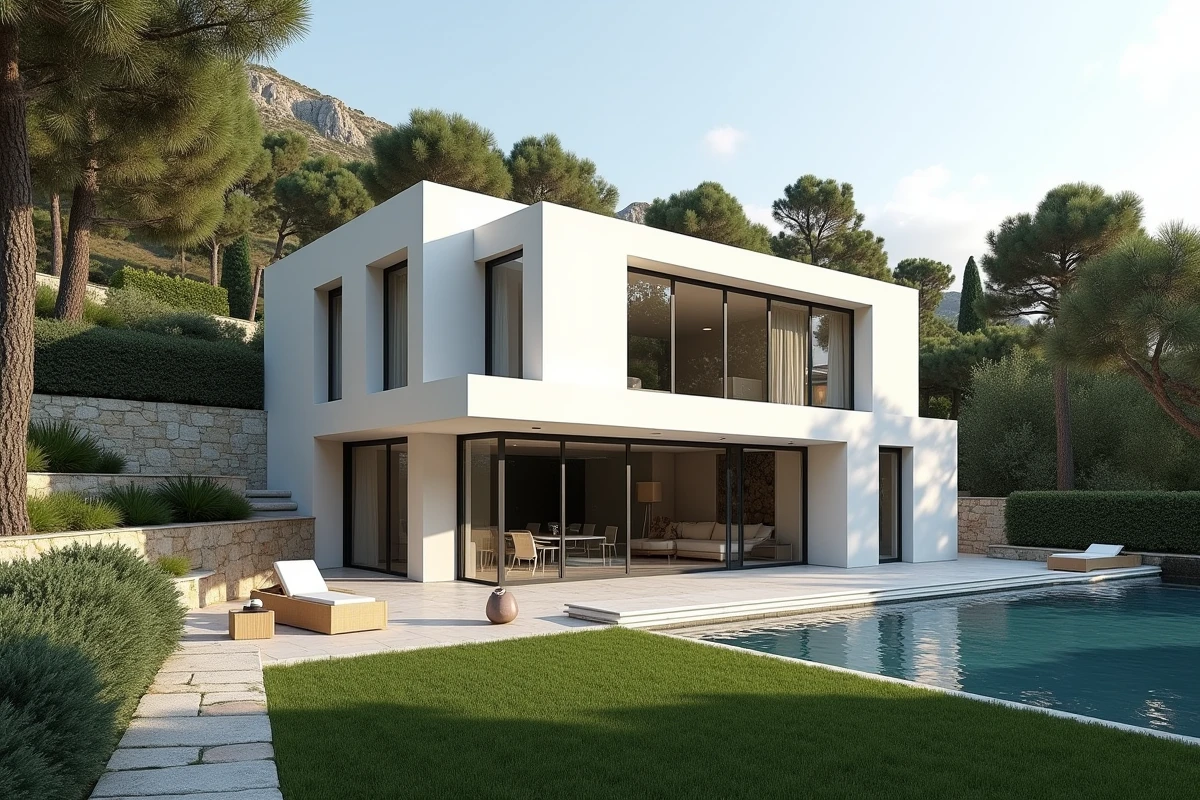 Villa contemporaine haut de gamme avec piscine et terrasse dans le sud de la France, illustrant les critères distinctifs d'une villa par rapport à un pavillon